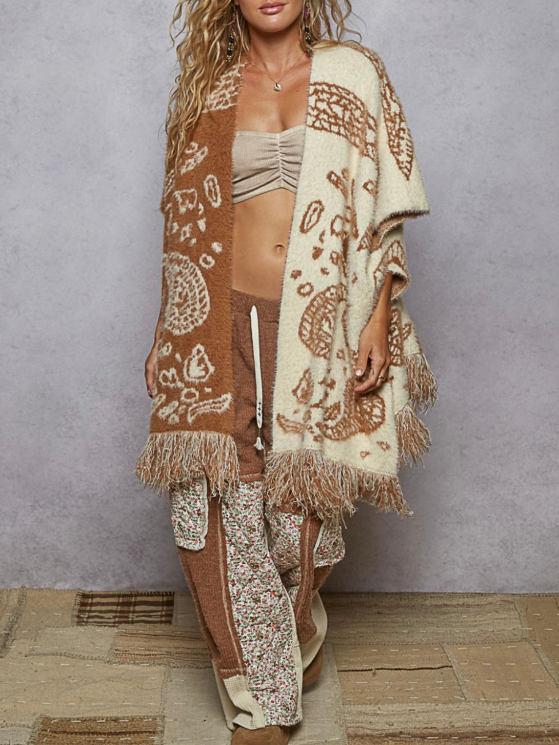 Brown and beige wide mix fabrics set poncho and pants