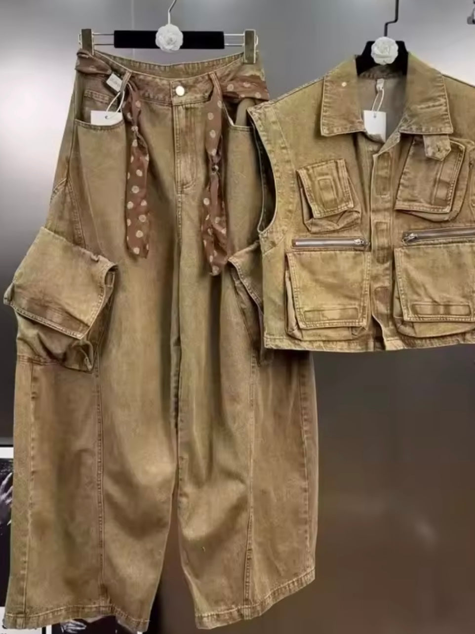 Brown denim cargo look set of 2 vest top and pants