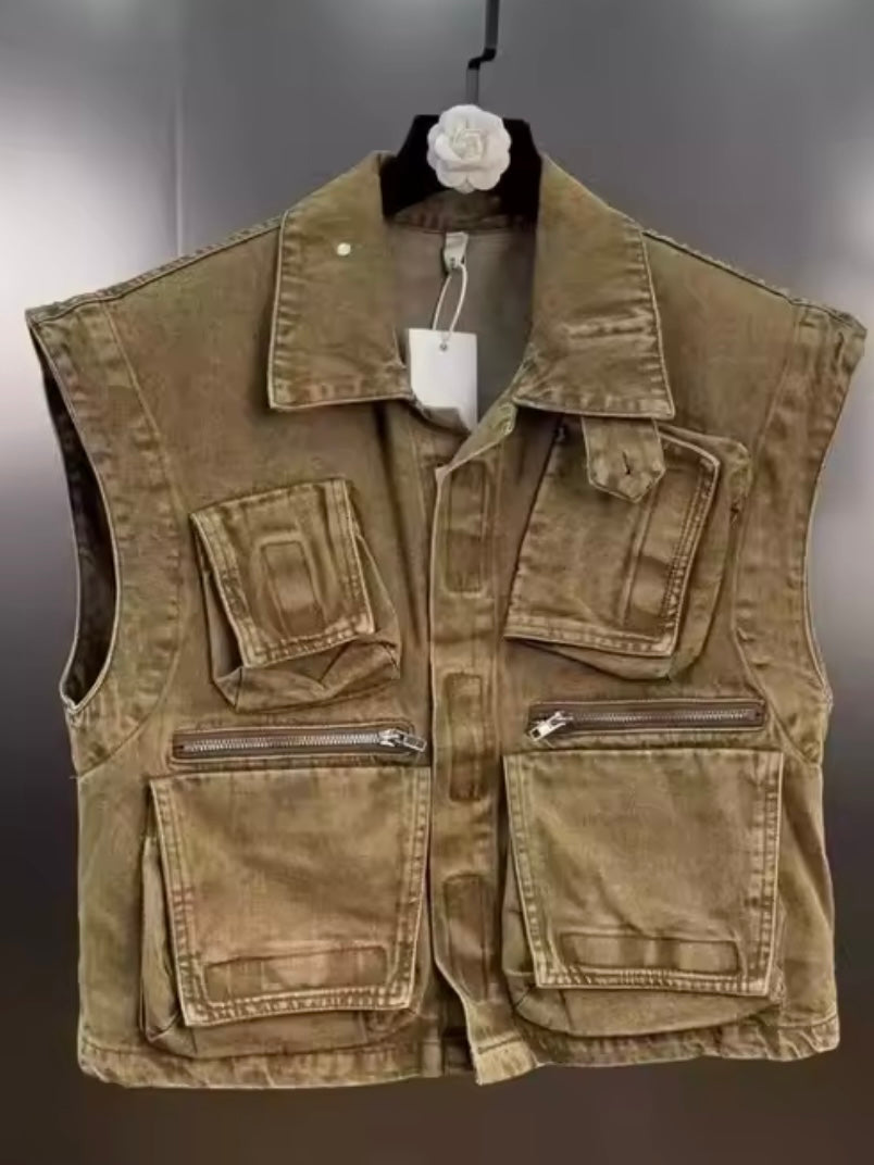 Brown denim cargo look set of 2 vest top and pants