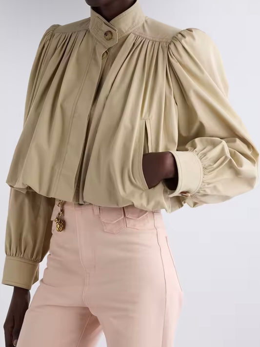 Beige bomber pleated shoulders crop top shirt