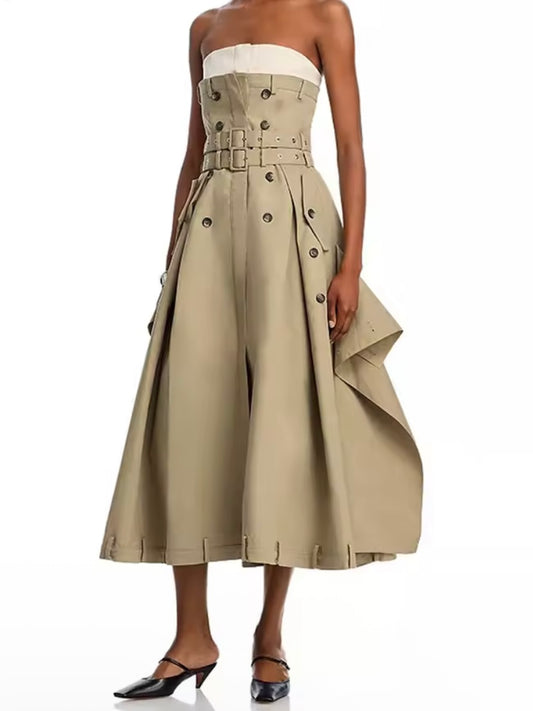 Khaki strapless midi dress