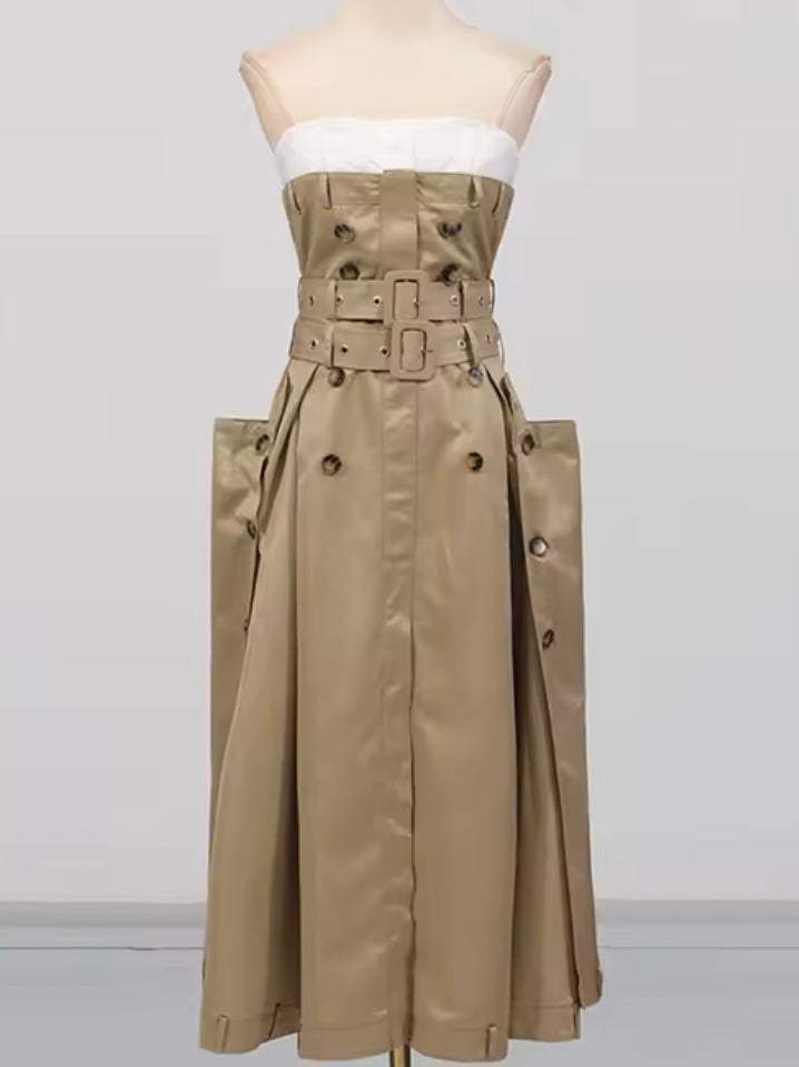Khaki strapless midi dress