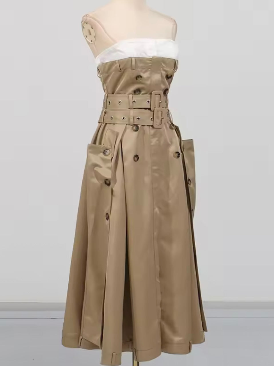 Khaki strapless midi dress