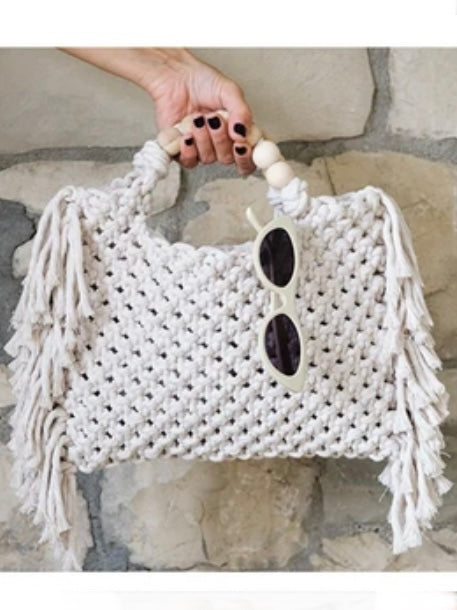 Beige knitted tassels bag