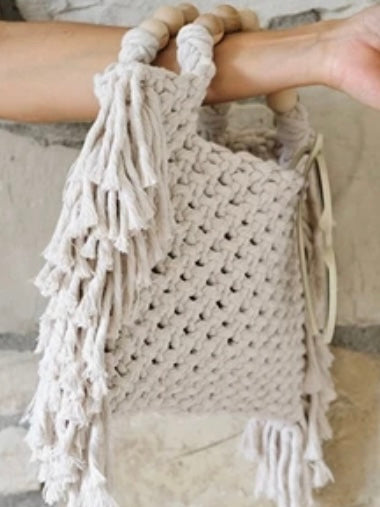 Beige knitted tassels bag