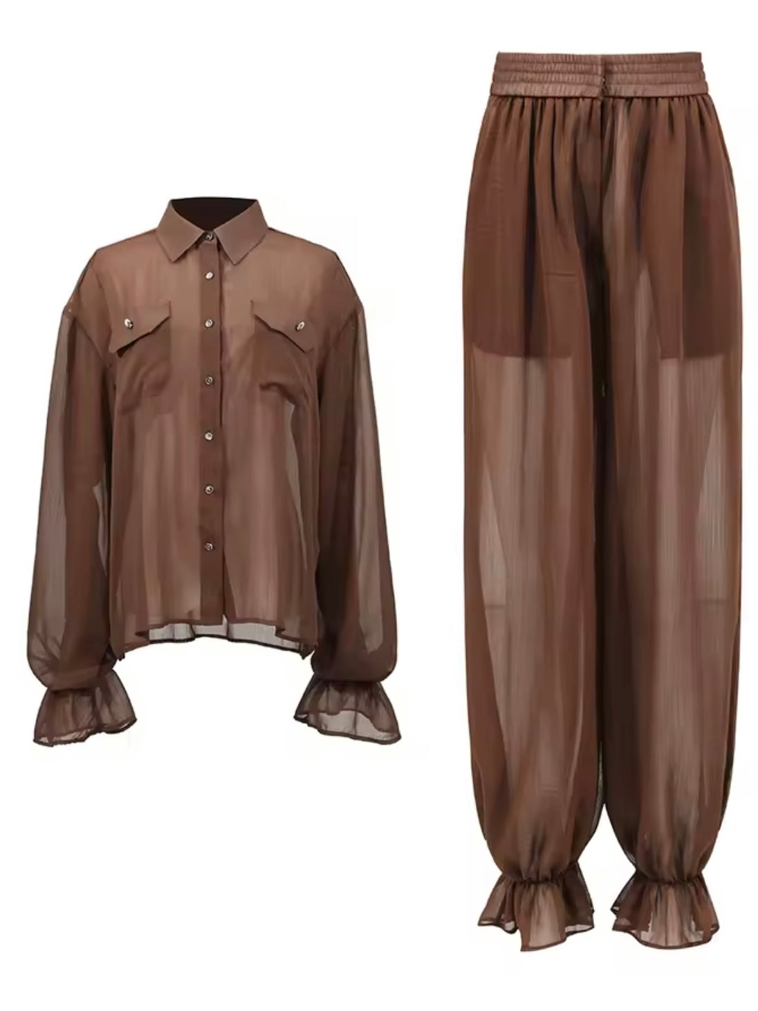 Brown translucent fabric set of 2 shirt and pants