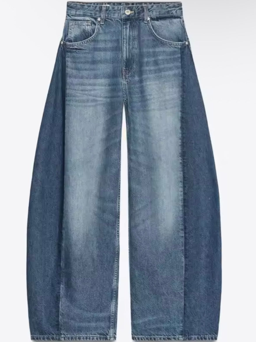 Blue two tones barrel jeans pants