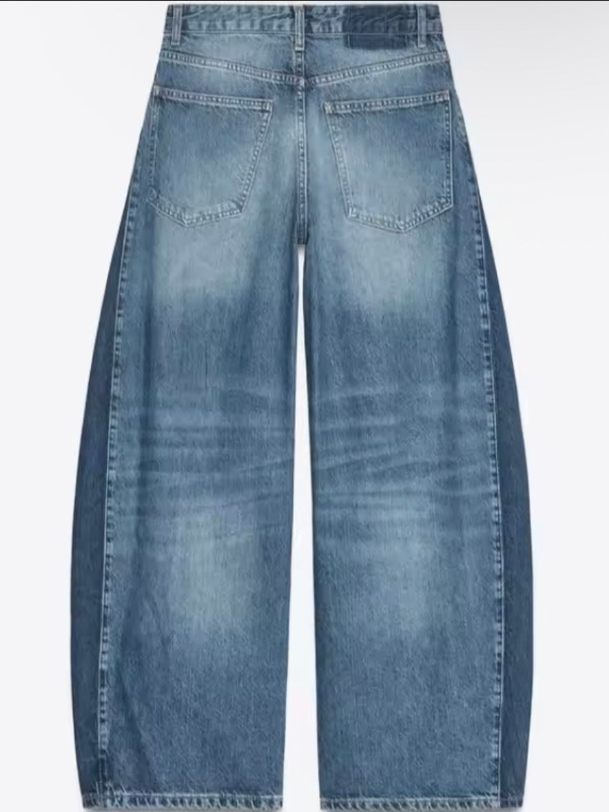 Blue two tones barrel jeans pants