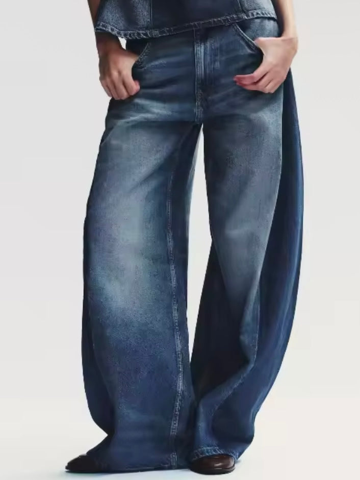 Blue two tones barrel jeans pants