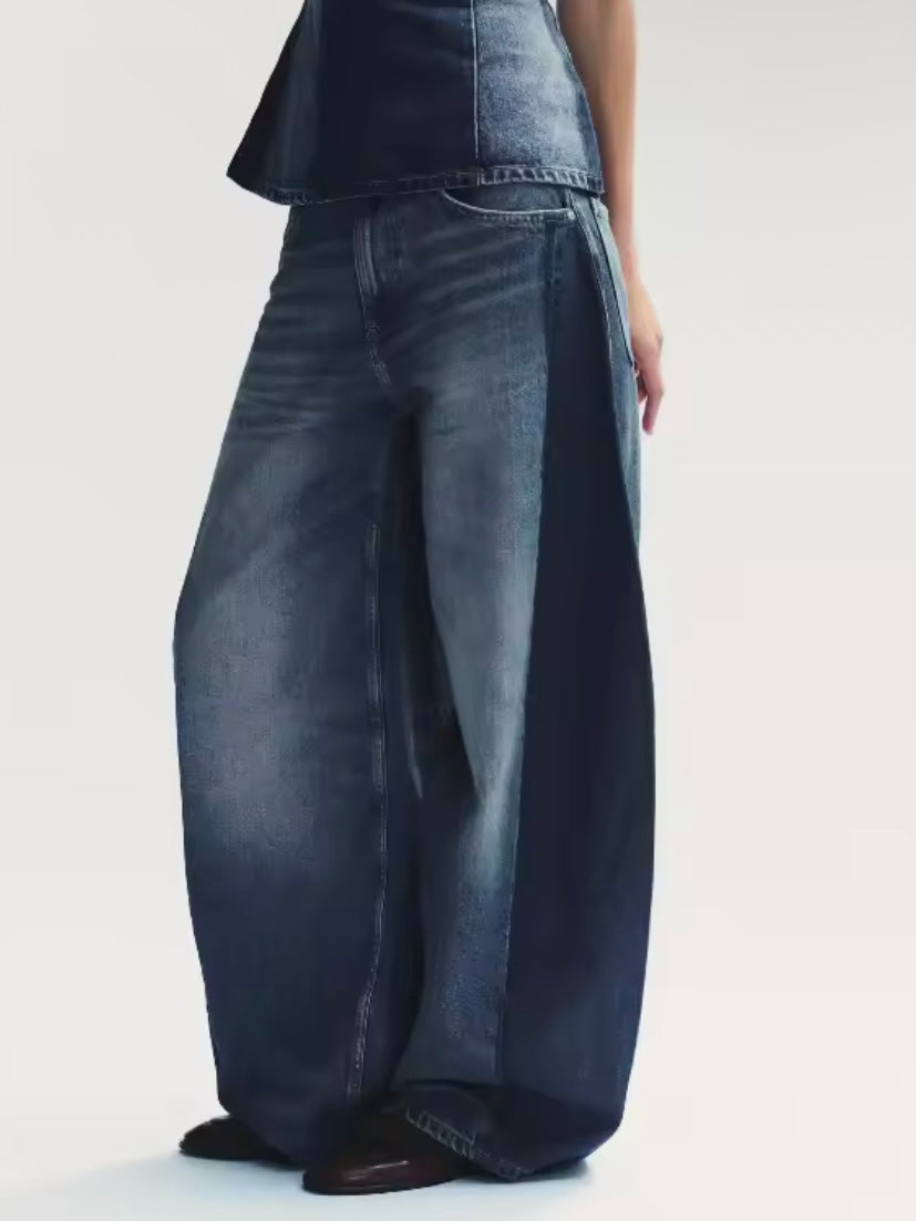 Blue two tones barrel jeans pants