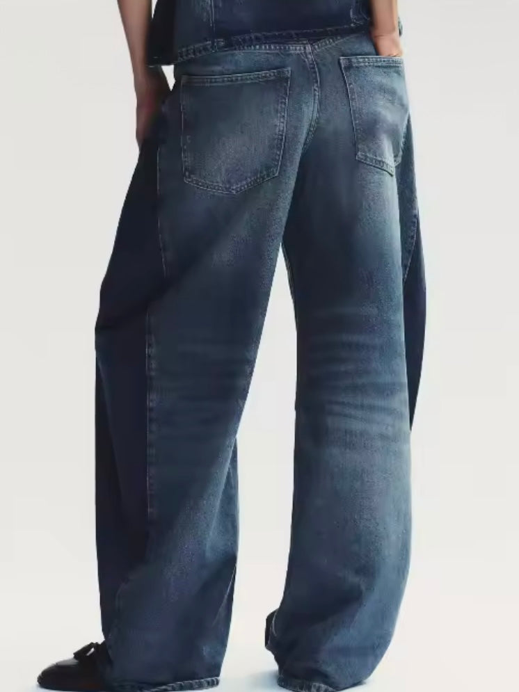 Blue two tones barrel jeans pants