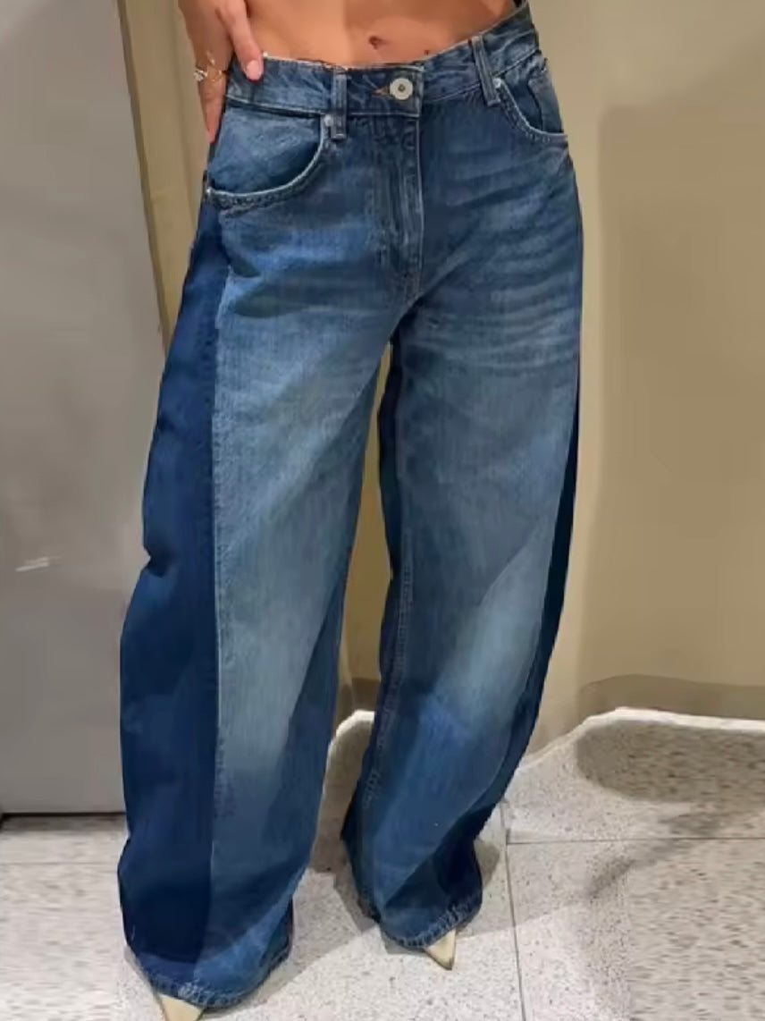 Blue two tones barrel jeans pants