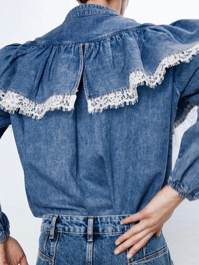 Dark blue denim lace hem shirt long sleeves