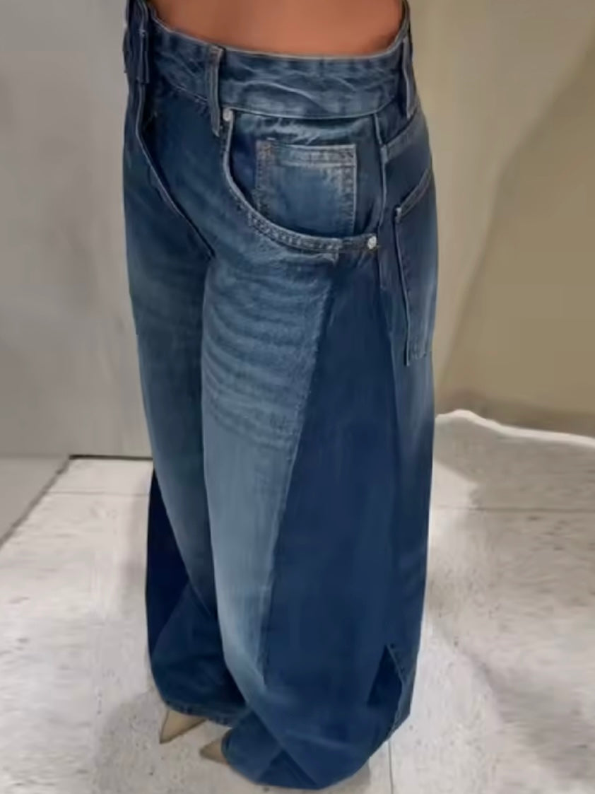 Blue two tones barrel jeans pants