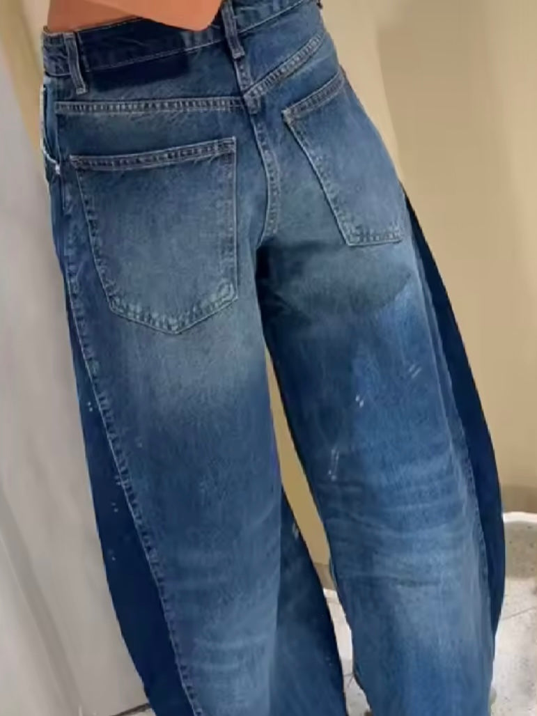 Blue two tones barrel jeans pants
