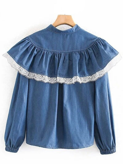 Dark blue denim lace hem shirt long sleeves