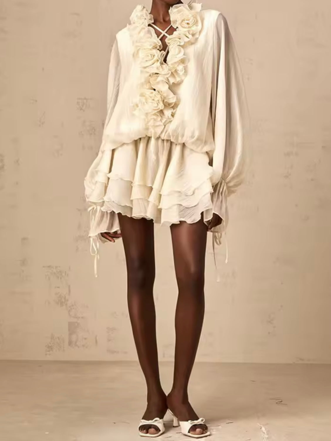 Beige 3D floral ruffle  texture long sleeves short mini dress
