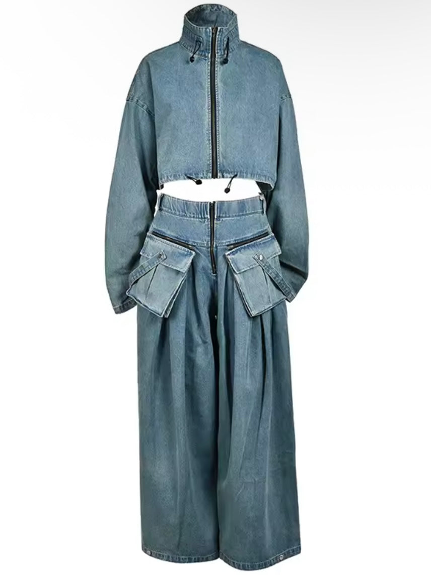 Light blue denim cargo look set of 2 jacket and pants