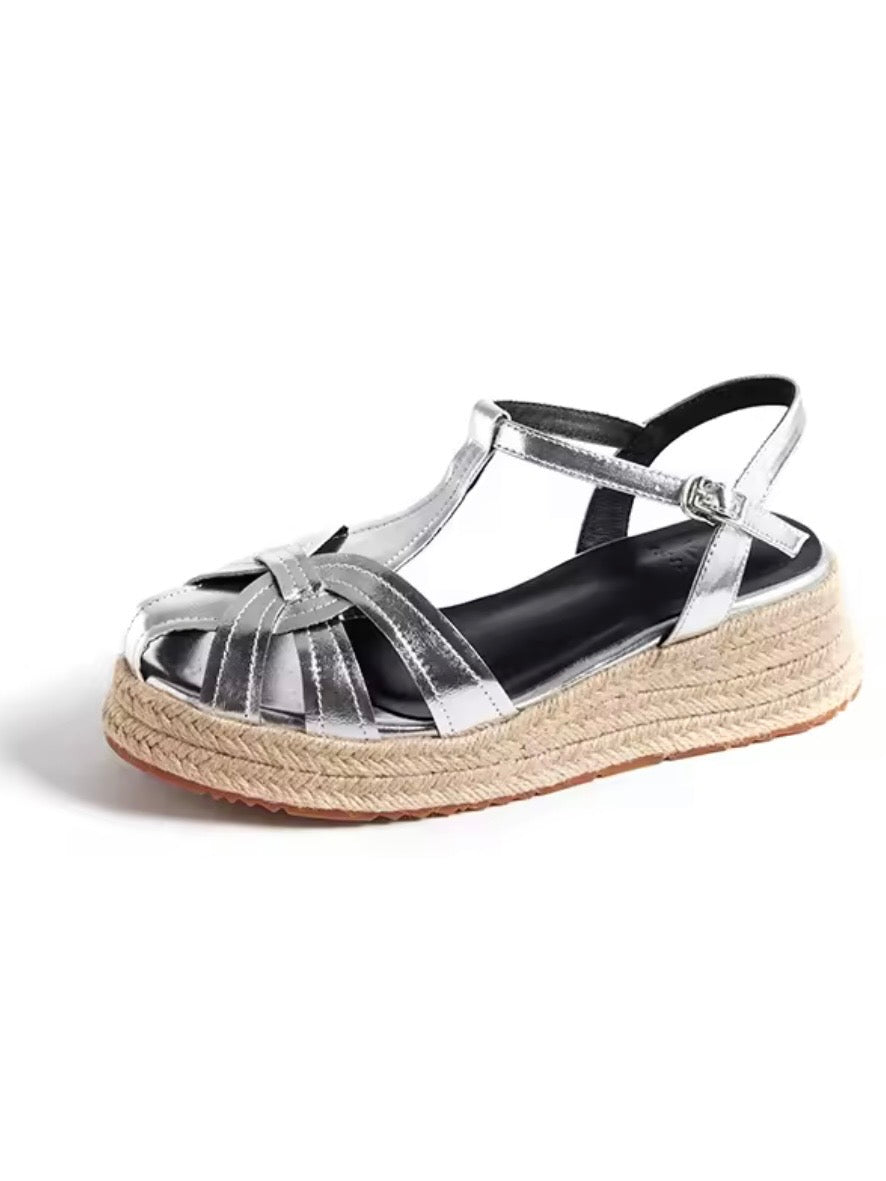Off white, brown and silver espadrilles platform sandals