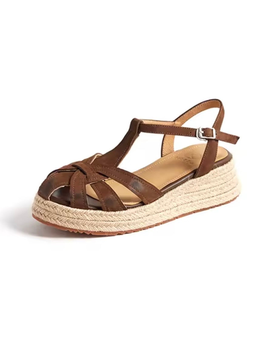 Off white, brown and silver espadrilles platform sandals