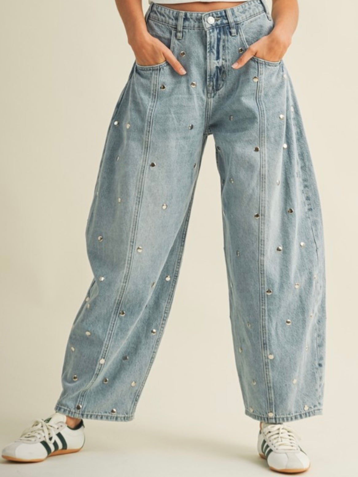 Light blue studded barrel jeans pants