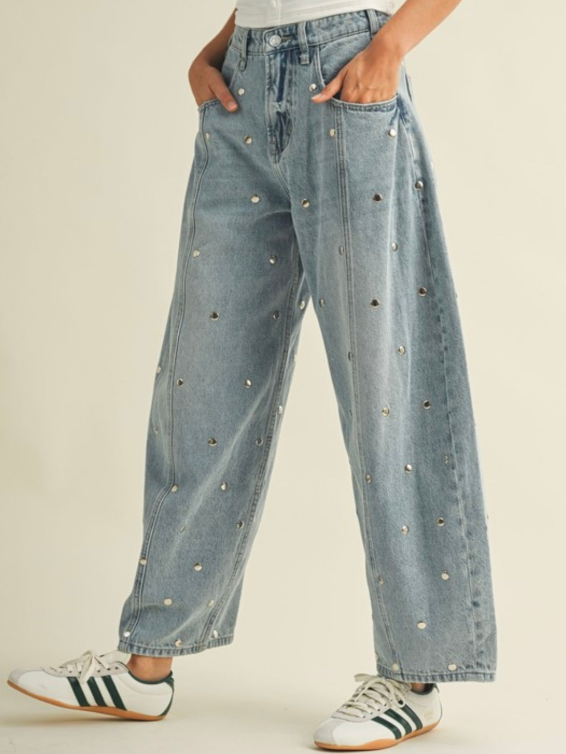 Light blue studded barrel jeans pants
