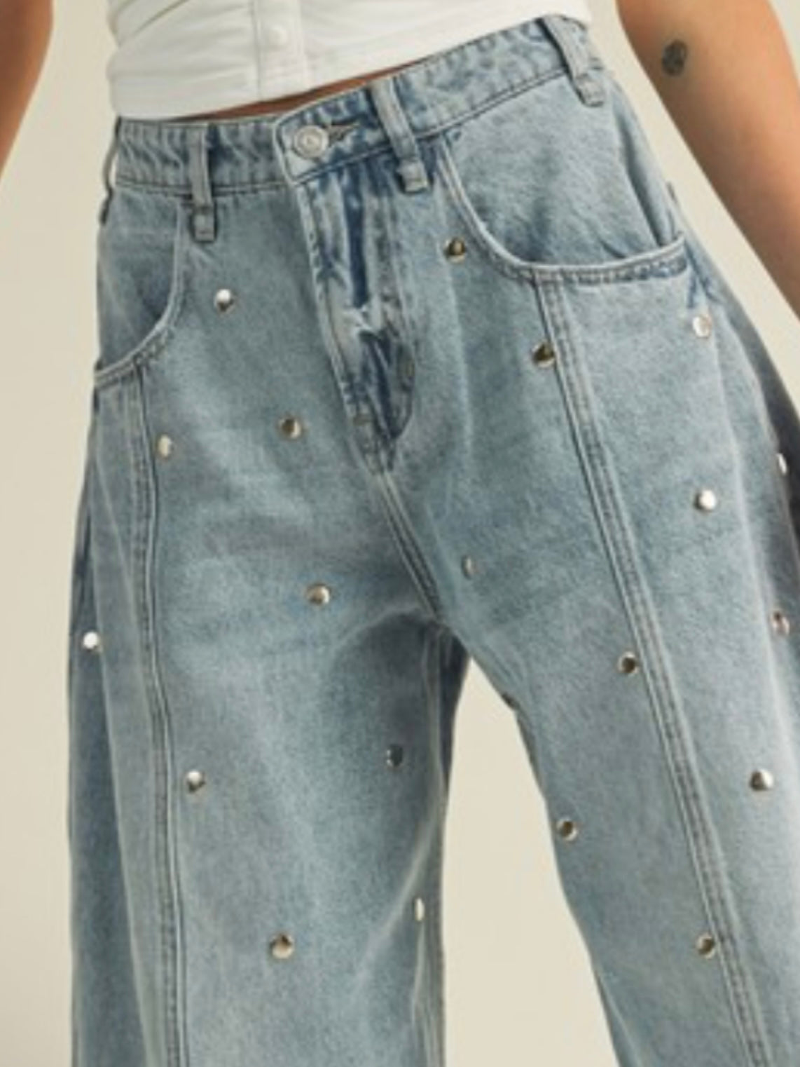 Light blue studded barrel jeans pants