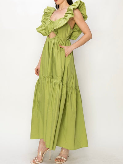 Green pistachio ruffled maxi dress