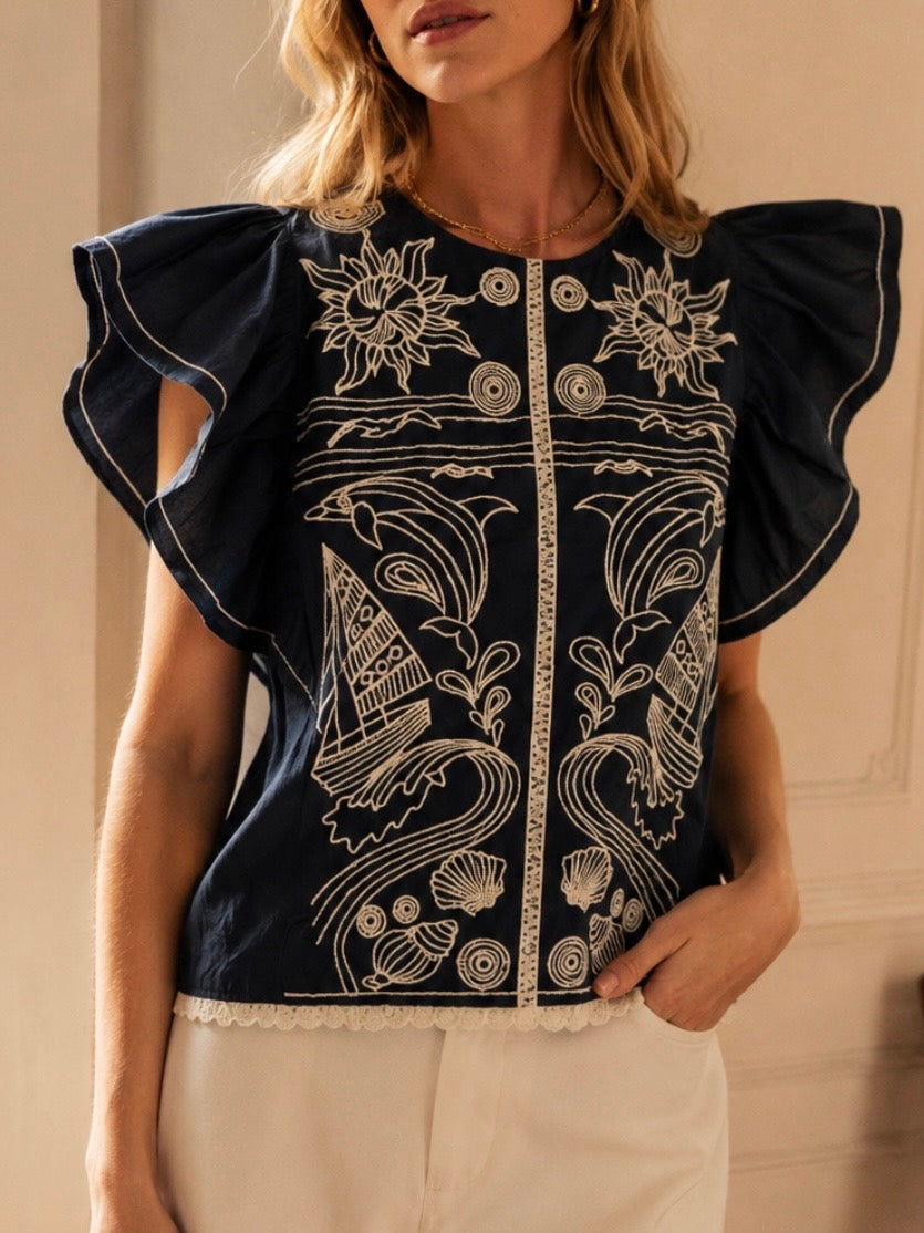 Navy blue and white suns, dolphins and shells delicate embroidered top