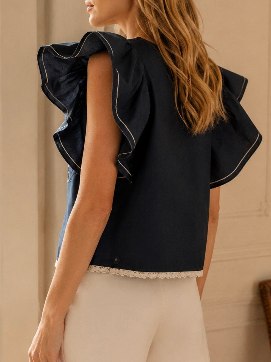 Navy blue and white suns, dolphins and shells delicate embroidered top