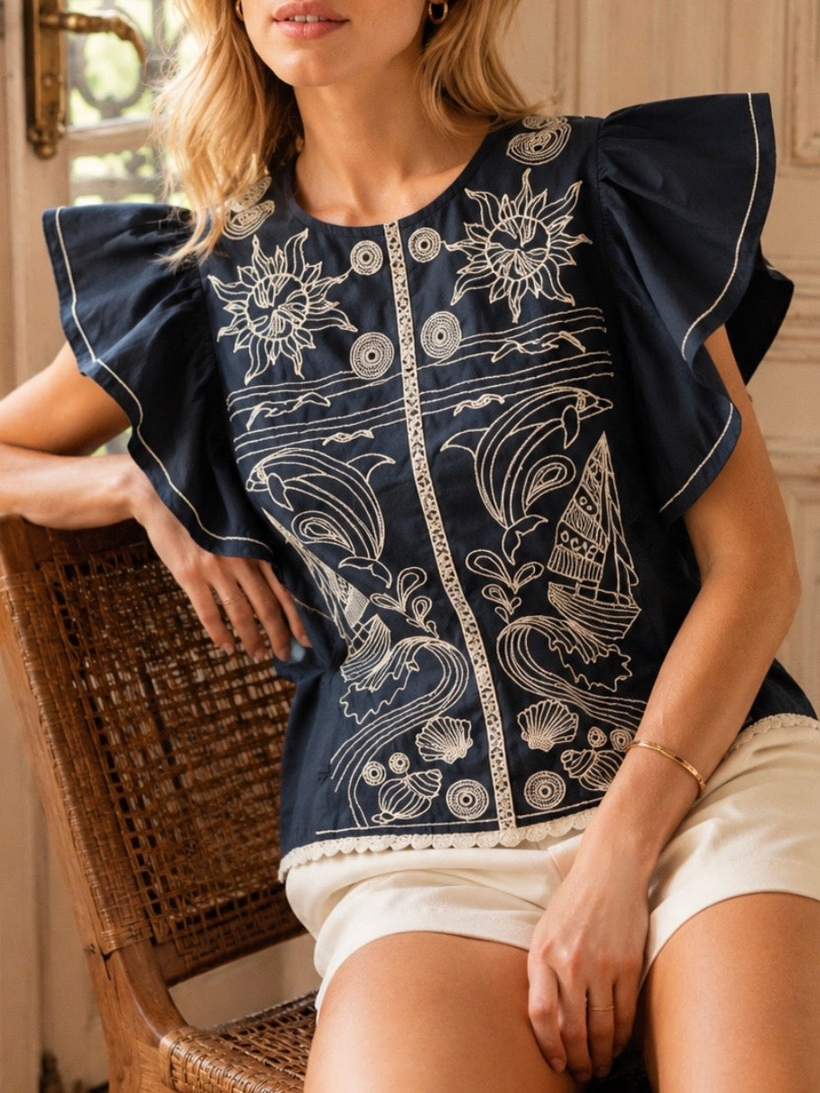 Navy blue and white suns, dolphins and shells delicate embroidered top