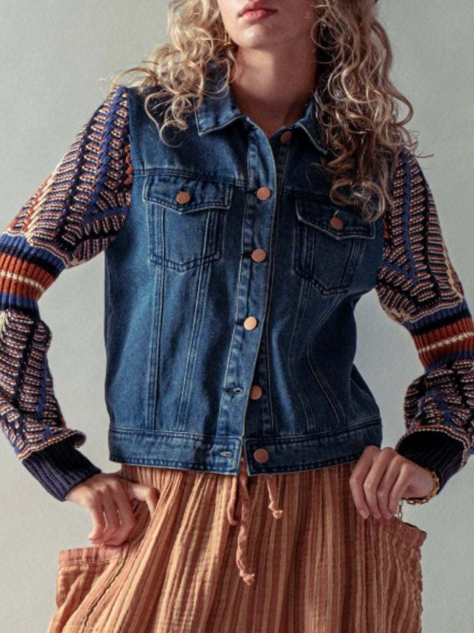 Blue jeans jacket with knitted bomber long sleeves