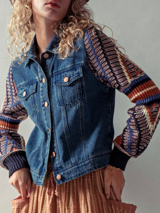 Blue jeans jacket with knitted bomber long sleeves