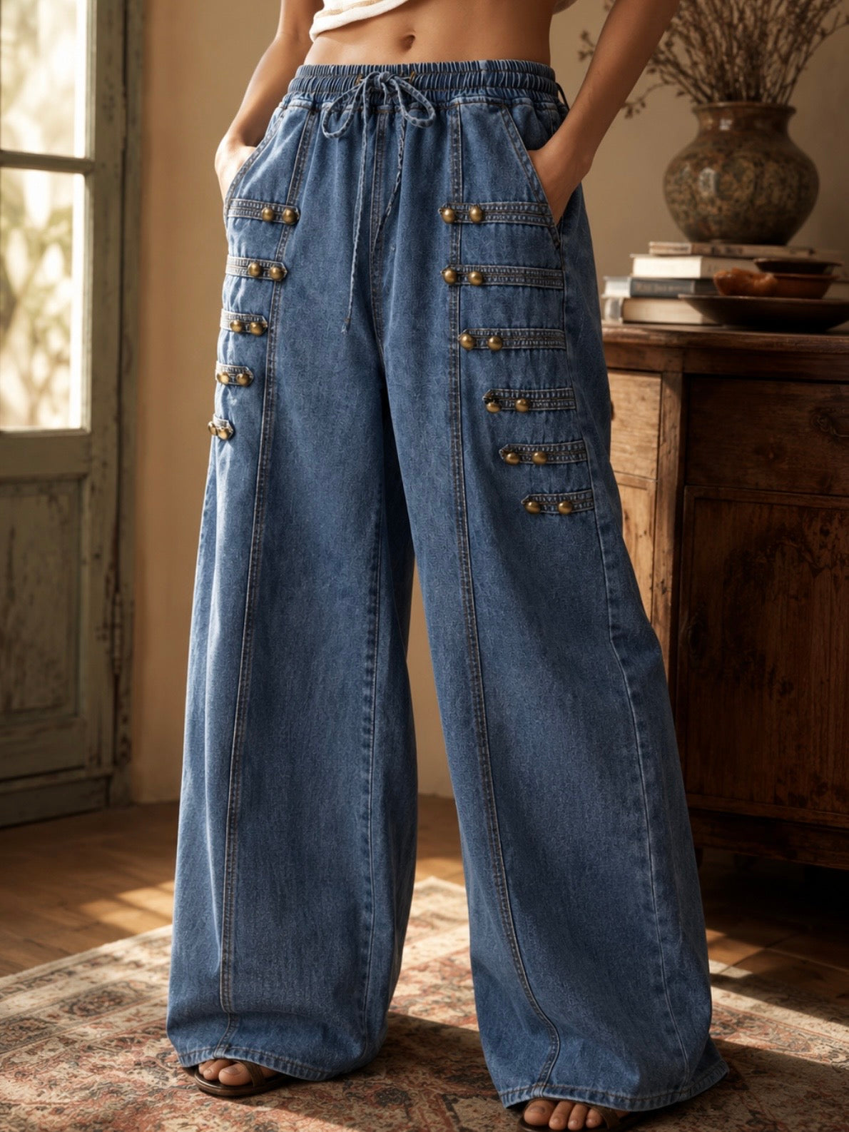 Blue jeans studded wide leg pants