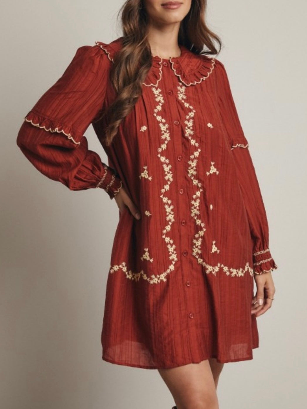 Burgundy and beige floral ruffle texture long sleeves short mini dress