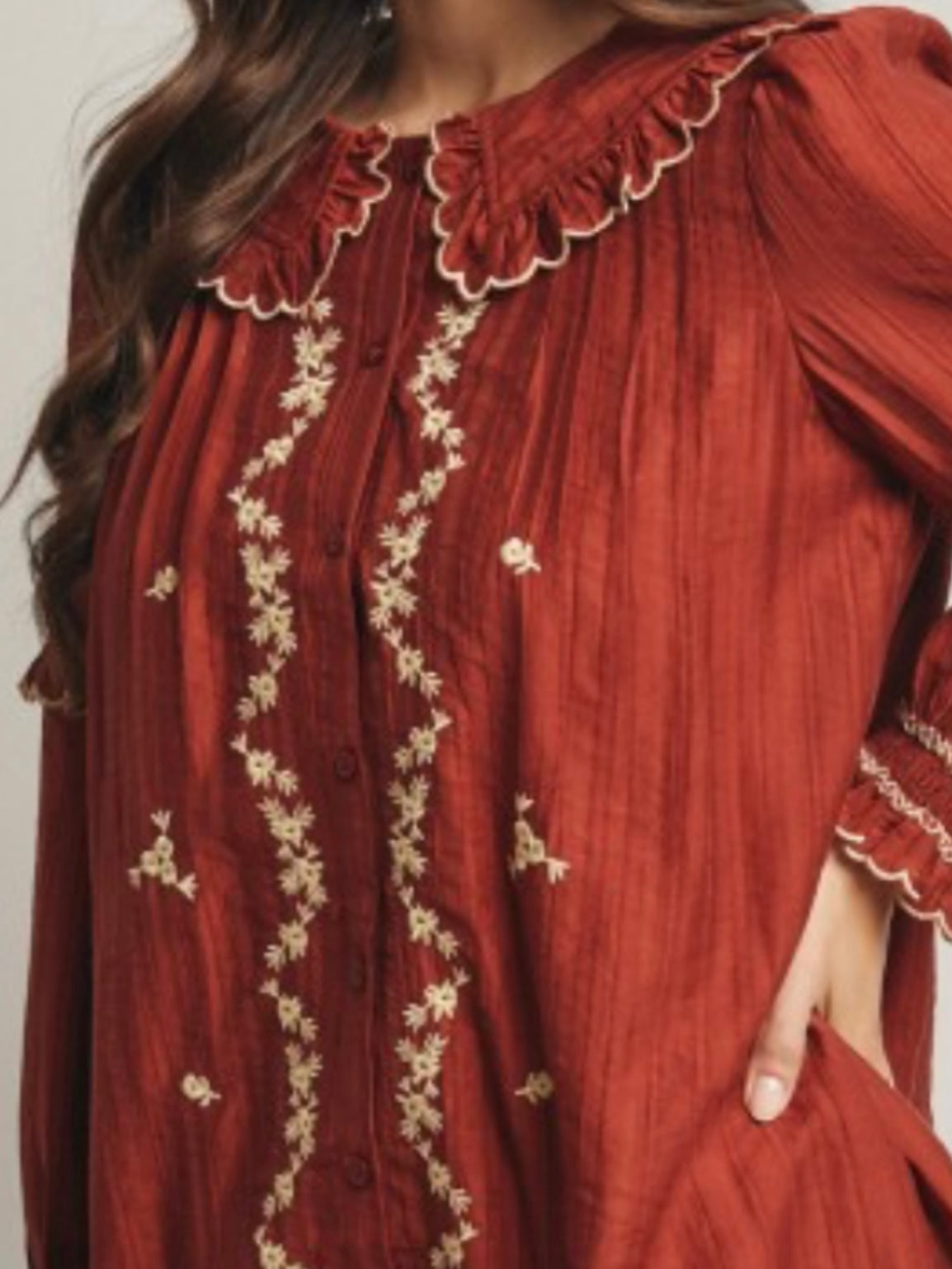 Burgundy and beige floral ruffle texture long sleeves short mini dress