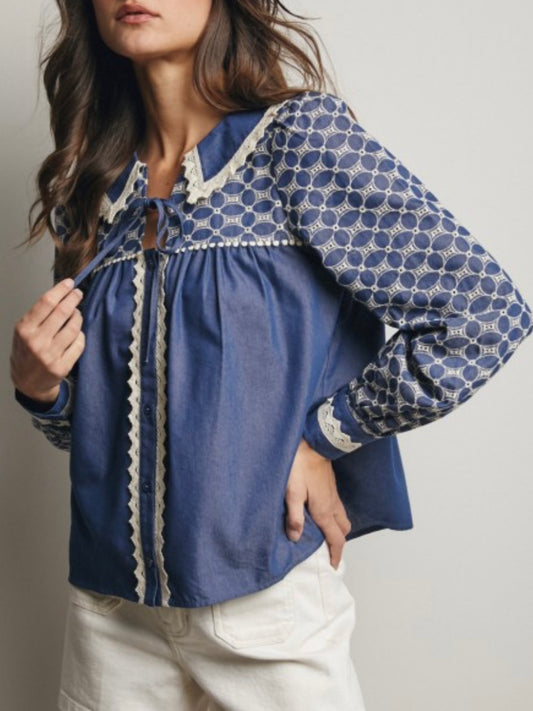 Blue and white embroidered floral shirt