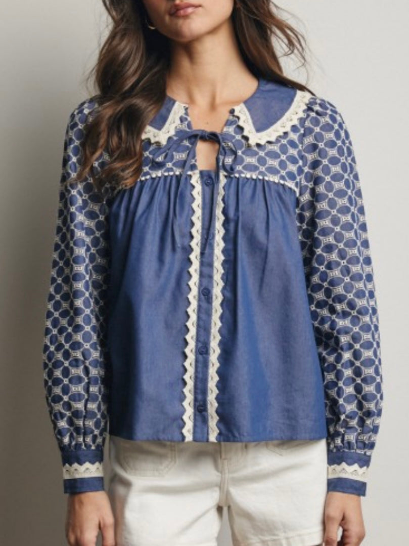 Blue and white embroidered floral shirt