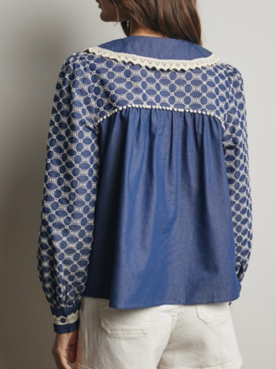 Blue and white embroidered floral shirt