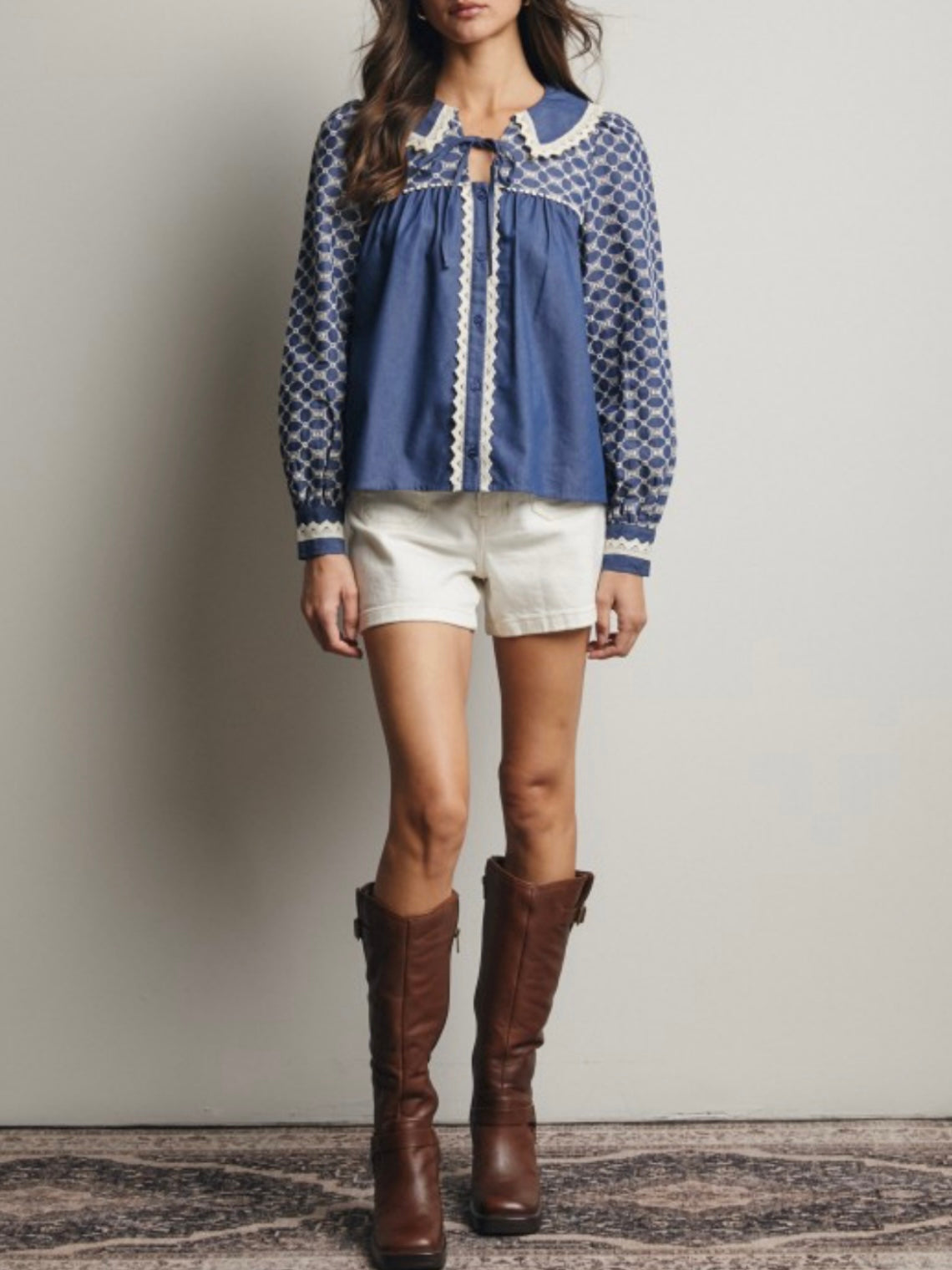 Blue and white embroidered floral shirt