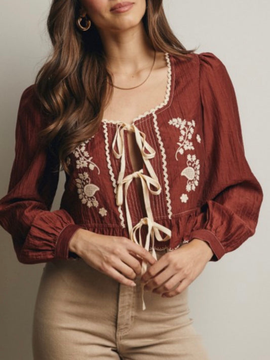 Burgundy and beige embroidered floral shirt