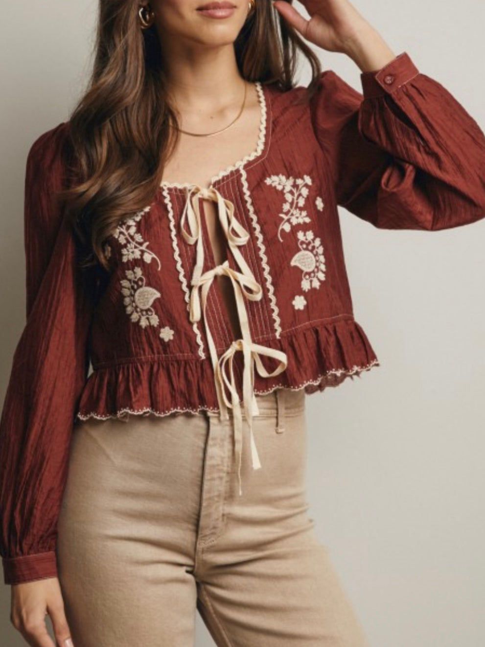 Burgundy and beige embroidered floral shirt