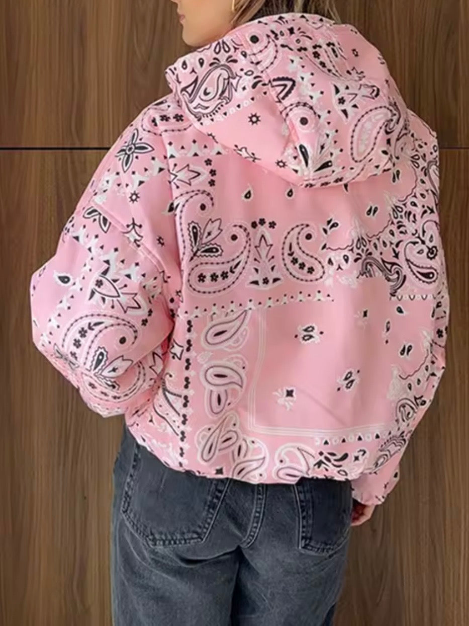 Pink print hooded quilted loose fit jacket