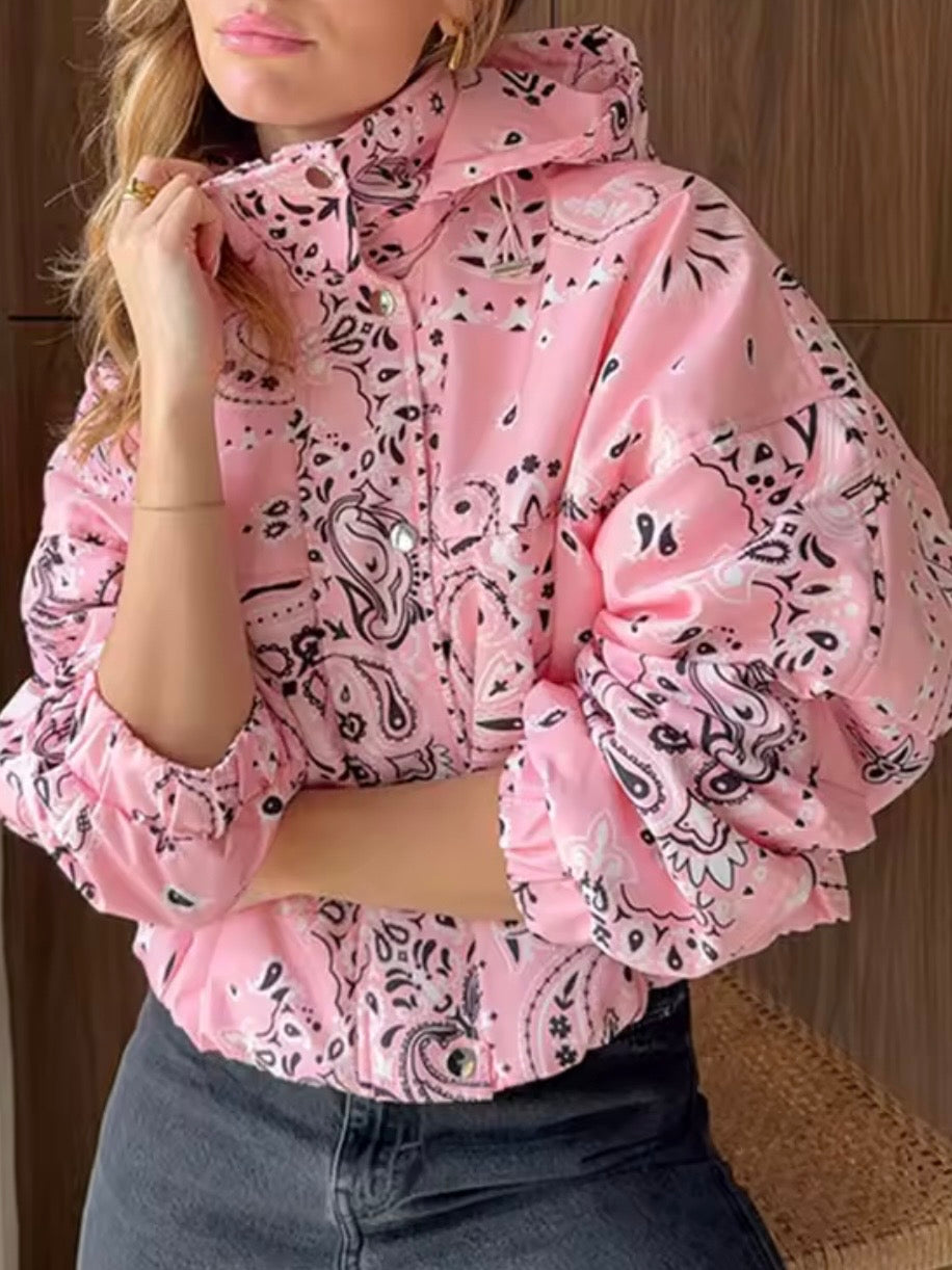 Pink print hooded quilted loose fit jacket