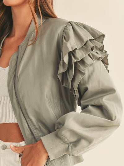 Gray ruffled bomber jacket