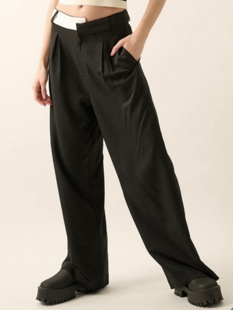 Black asymmetric crossed front straight pants