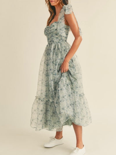Light blue organza floral print midi dress