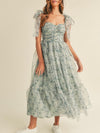Light blue organza floral print midi dress