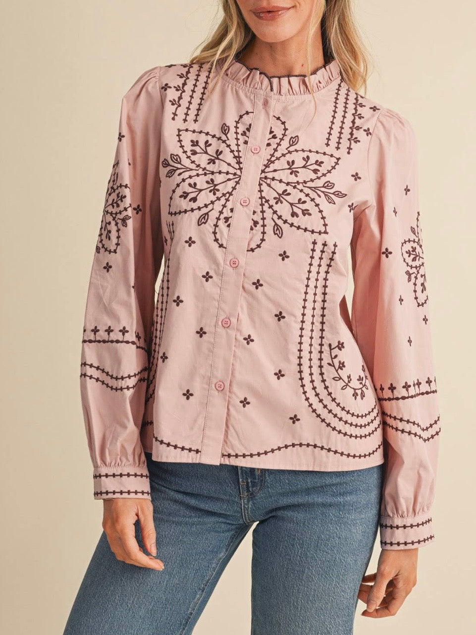 Pink embroidered floral bomber long sleeves shirt