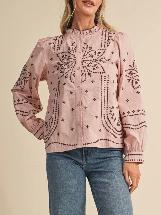 Pink embroidered floral bomber long sleeves shirt